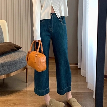 Blugi denim cu talie înaltă, lungime 9/10, croi drept (30–50% bumbac, microelasticitate, stil casual japonez-coreean)
