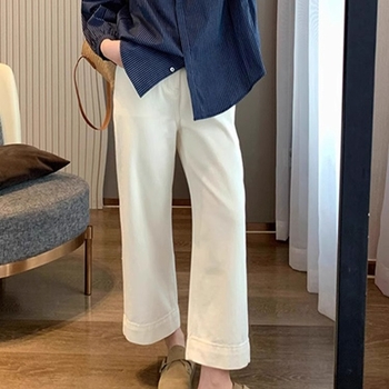 Blugi denim cu talie înaltă, lungime 9/10, croi drept (30–50% bumbac, microelasticitate, stil casual japonez-coreean)