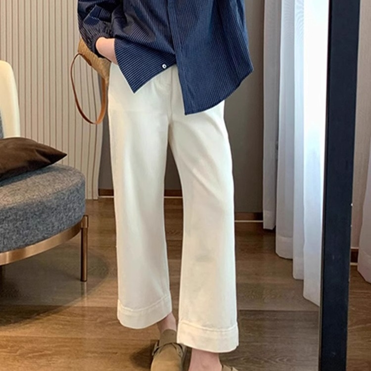 Blugi denim cu talie înaltă, lungime 9/10, croi drept (30–50% bumbac, microelasticitate, stil casual japonez-coreean)