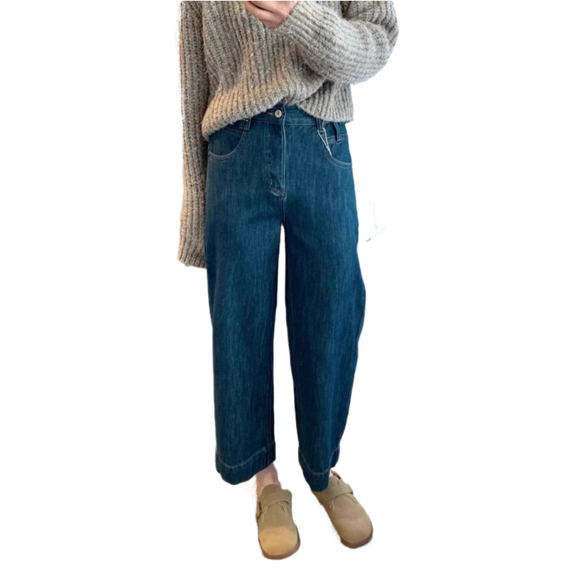 Blugi denim cu talie înaltă, lungime 9/10, croi drept (30–50% bumbac, microelasticitate, stil casual japonez-coreean)