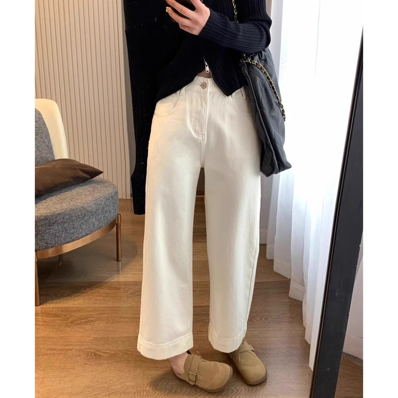 Blugi denim cu talie înaltă, lungime 9/10, croi drept (30–50% bumbac, microelasticitate, stil casual japonez-coreean)