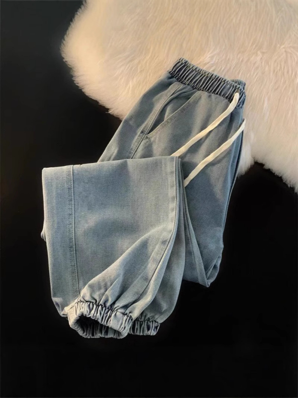 Casual traperice od denima, široka silueta, srednji struk, skraćena duljina, mikroelastičnost, korejski stil