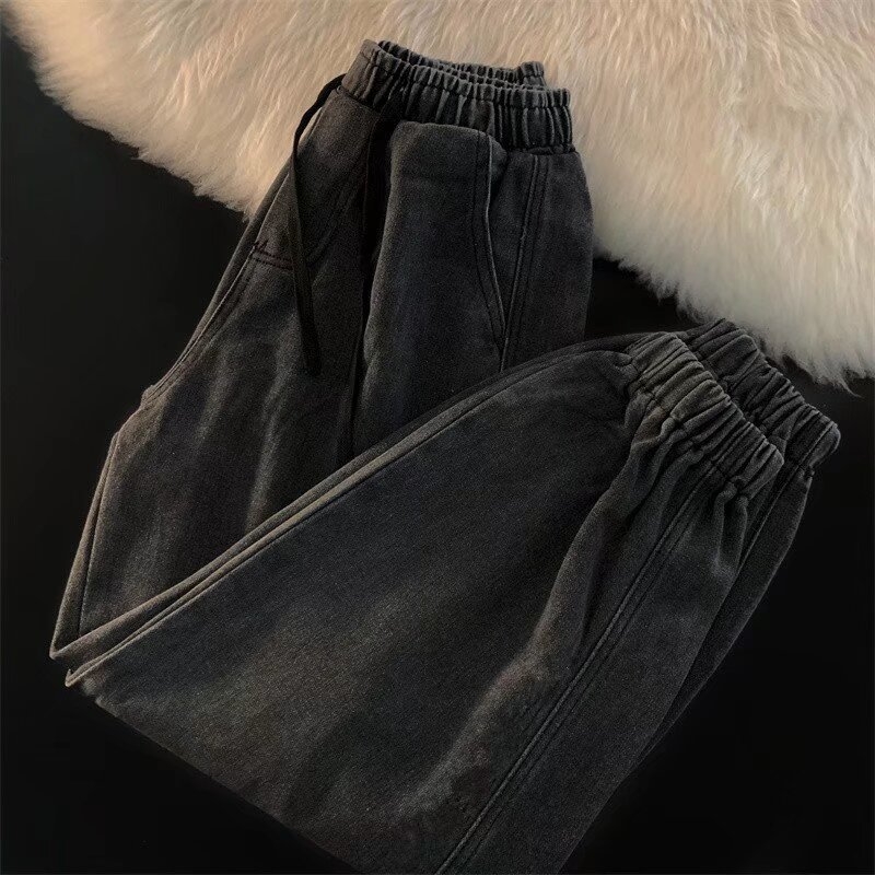 Casual traperice od denima, široka silueta, srednji struk, skraćena duljina, mikroelastičnost, korejski stil