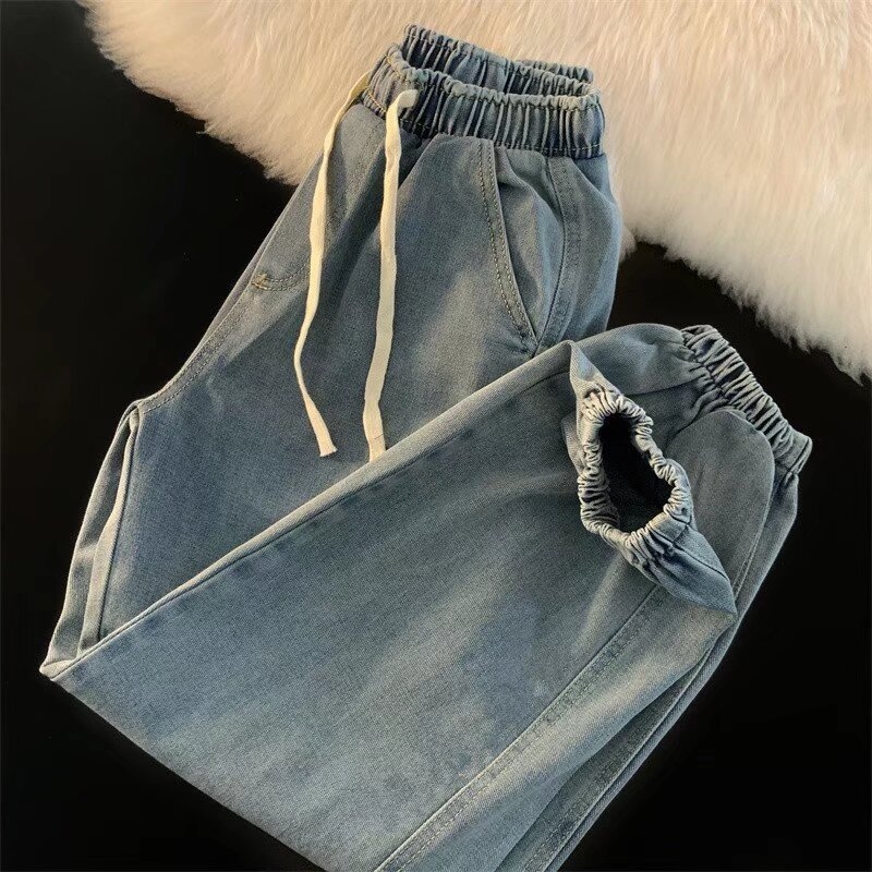 Casual traperice od denima, široka silueta, srednji struk, skraćena duljina, mikroelastičnost, korejski stil