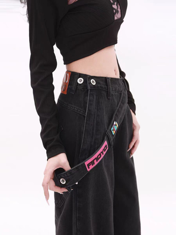 Jeans din denim cu fermoar lateral, talie înaltă, croială dreaptă, amestec bumbac-poliester