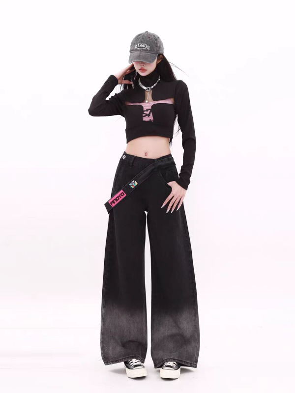 Jeans din denim cu fermoar lateral, talie înaltă, croială dreaptă, amestec bumbac-poliester