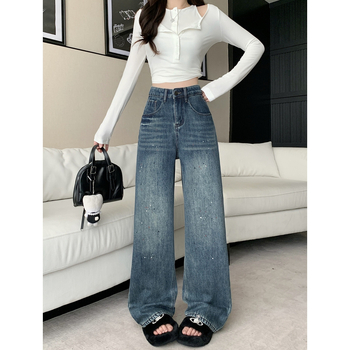 Džinsi ar tintes motīvu, iekšējais fleece siltinājums, augsta josta, plata kāja, kokvilna, ziemas 2025