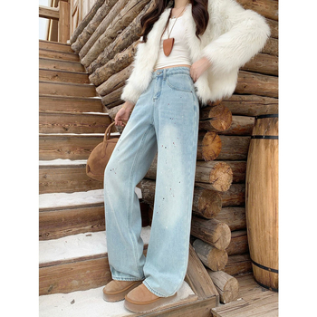 Džinsi ar tintes motīvu, iekšējais fleece siltinājums, augsta josta, plata kāja, kokvilna, ziemas 2025