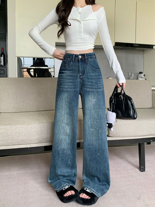 Džinsi ar tintes motīvu, iekšējais fleece siltinājums, augsta josta, plata kāja, kokvilna, ziemas 2025