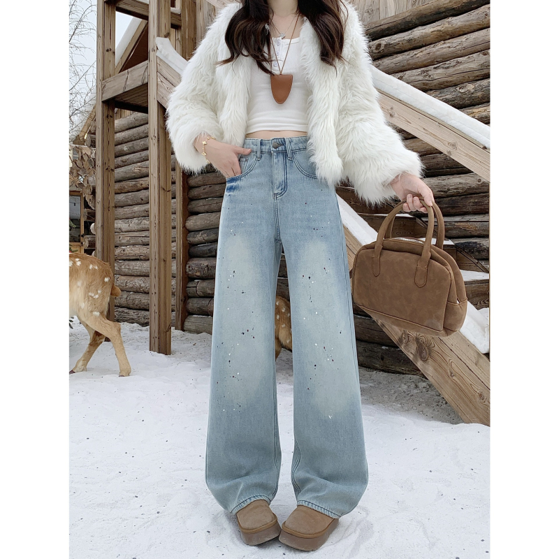 Džinsi ar tintes motīvu, iekšējais fleece siltinājums, augsta josta, plata kāja, kokvilna, ziemas 2025