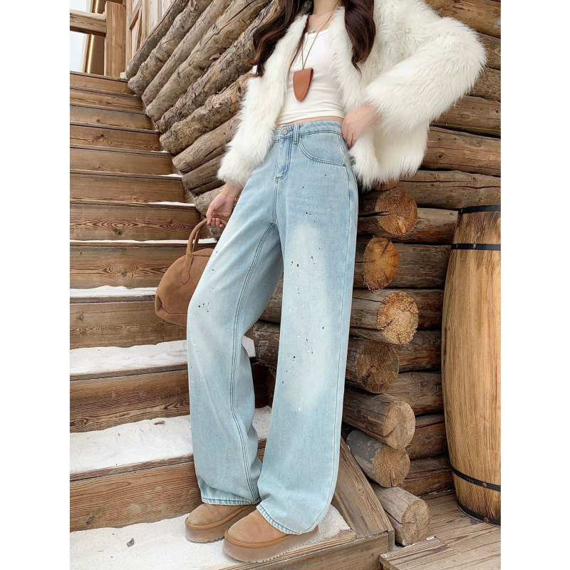 Džinsi ar tintes motīvu, iekšējais fleece siltinājums, augsta josta, plata kāja, kokvilna, ziemas 2025