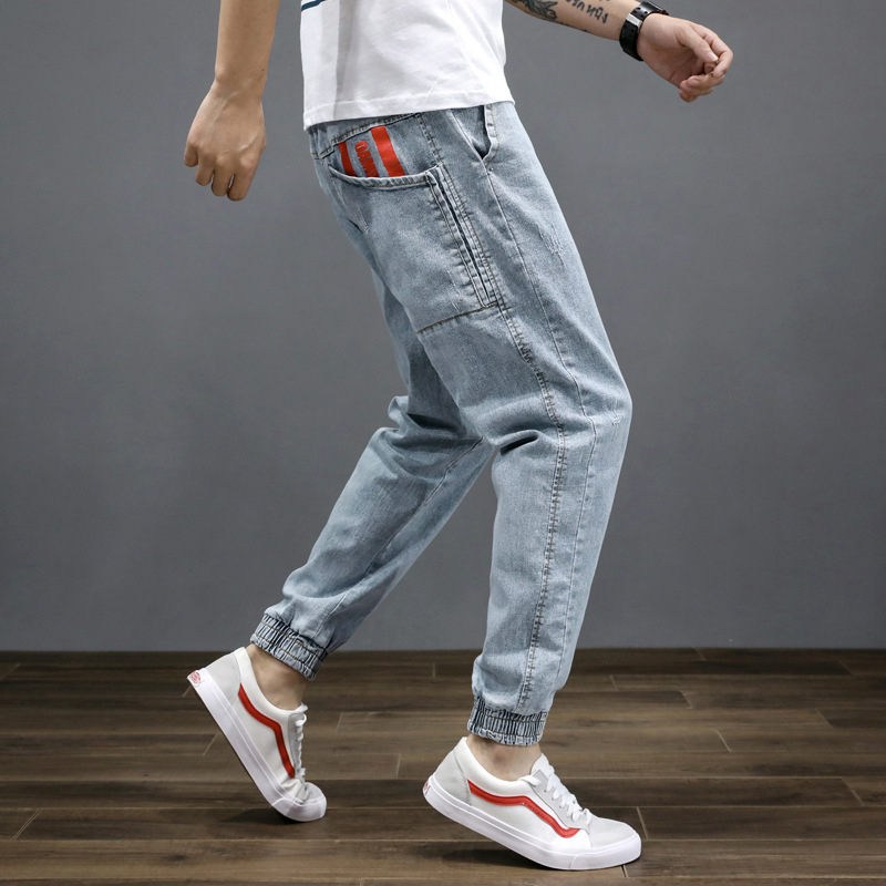 Muške traperice - Hip-hop stil, ravni kroj, srednji struk, zatvaranje špagom, denim pamuk 78%, skraćena duljina