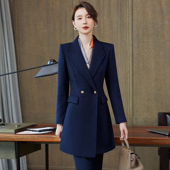 Ženski vuneni kaput srednje duljine za poslovni outfit, jesen-zima, debeli podstavljen kaput, uniforma recepcije