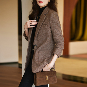 Žensko vuneno sako za kostim, houndstooth uzorak, debeli materijal, standardni kroj, zatvaranje sa jednim gumbom, zima 2023