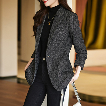 Žensko vuneno sako za kostim, houndstooth uzorak, debeli materijal, standardni kroj, zatvaranje sa jednim gumbom, zima 2023