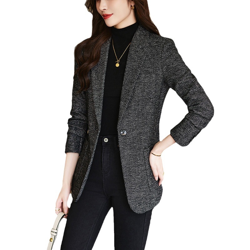 Žensko vuneno sako za kostim, houndstooth uzorak, debeli materijal, standardni kroj, zatvaranje sa jednim gumbom, zima 2023