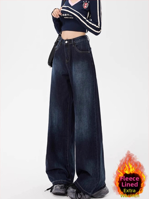 Naiste denimist püksid kõrge vöökohaga ja laia lõikega, veluurvoodriga, sügis 2025 väljaanne