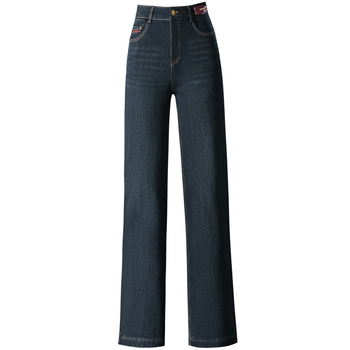 Дънкови панталони с прав силует, висока талия; деним памук 50-70% и еластан <30%; панели пачворк; пролет 2025