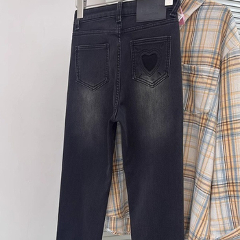 Fleece-beléses denim farmerok, magas derék, vast anyag, egyenes szárú, 9/10 hosszúságú, mikro-elasztikus, mercerizált denim