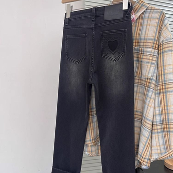 Fleece-beléses denim farmerok, magas derék, vast anyag, egyenes szárú, 9/10 hosszúságú, mikro-elasztikus, mercerizált denim