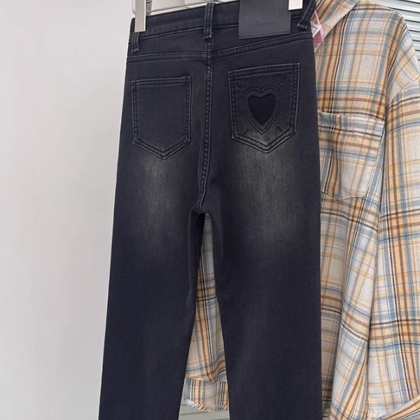 Fleece-beléses denim farmerok, magas derék, vast anyag, egyenes szárú, 9/10 hosszúságú, mikro-elasztikus, mercerizált denim