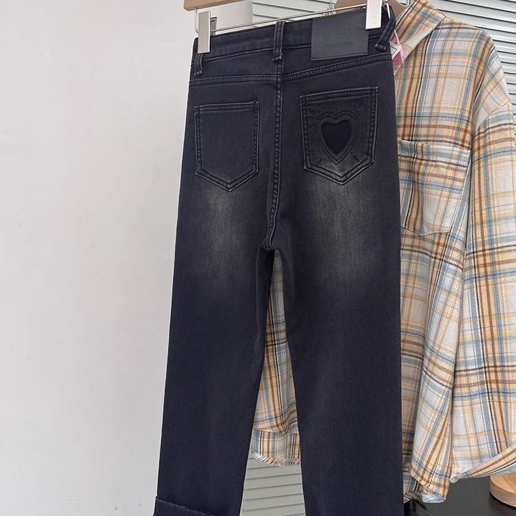Fleece-beléses denim farmerok, magas derék, vast anyag, egyenes szárú, 9/10 hosszúságú, mikro-elasztikus, mercerizált denim