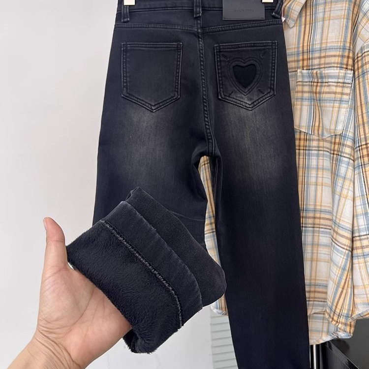 Fleece-beléses denim farmerok, magas derék, vast anyag, egyenes szárú, 9/10 hosszúságú, mikro-elasztikus, mercerizált denim