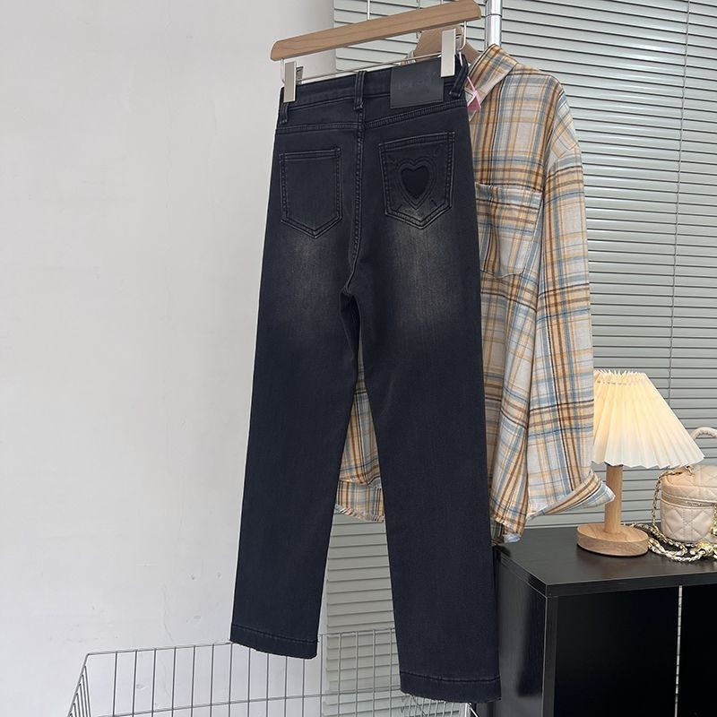 Fleece-beléses denim farmerok, magas derék, vast anyag, egyenes szárú, 9/10 hosszúságú, mikro-elasztikus, mercerizált denim