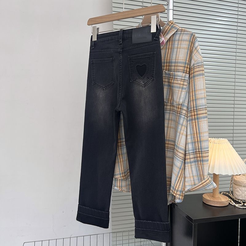 Fleece-beléses denim farmerok, magas derék, vast anyag, egyenes szárú, 9/10 hosszúságú, mikro-elasztikus, mercerizált denim