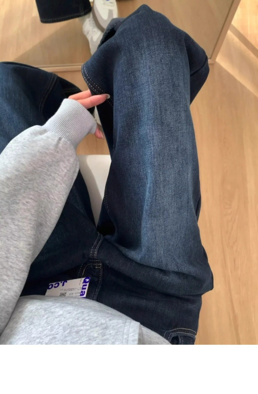 Jeans din denim pentru femei, cu căptușeală din fleece, iarna 2025, talie înaltă, croială wide-leg, lungime până la podea