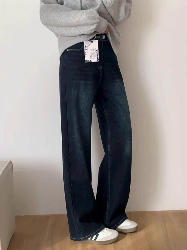 Jeans din denim pentru femei, cu căptușeală din fleece, iarna 2025, talie înaltă, croială wide-leg, lungime până la podea