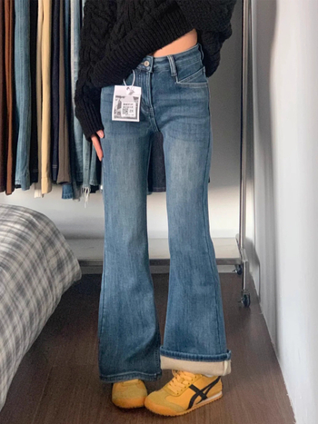 Traperice s visokim strukom, šire nogavice, denim s pamuk-polyester smjesom, debeli materijal, baršunasta podstava