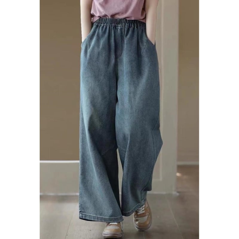 Traperice od denima, korejskog stila, visokim strukom, debeli zimski materijal, široke nogavice