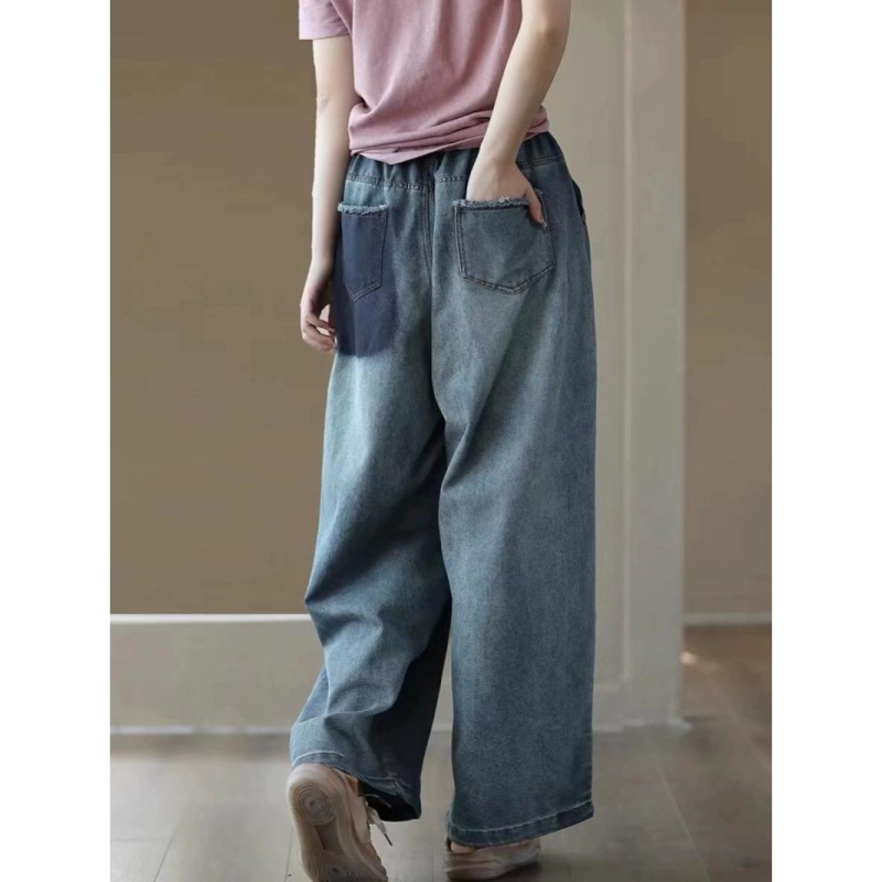 Traperice od denima, korejskog stila, visokim strukom, debeli zimski materijal, široke nogavice
