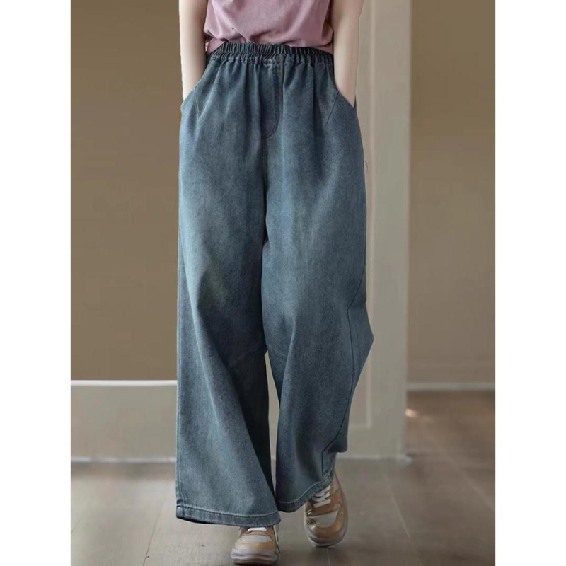 Traperice od denima, korejskog stila, visokim strukom, debeli zimski materijal, široke nogavice