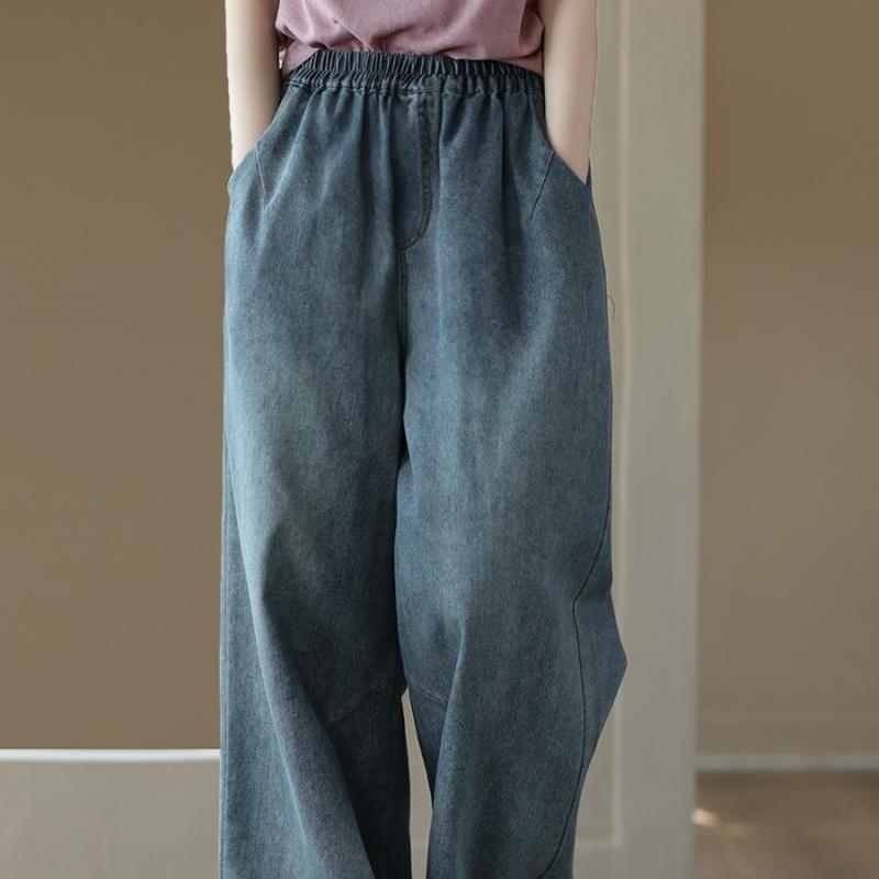 Traperice od denima, korejskog stila, visokim strukom, debeli zimski materijal, široke nogavice