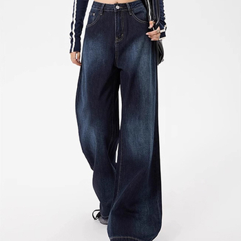 Дънкови панталони с широки крачоли и висока талия, подплатени с дебел велур, есенно-зимна колекция 2025, джобове, машинно пране, дълги до пода