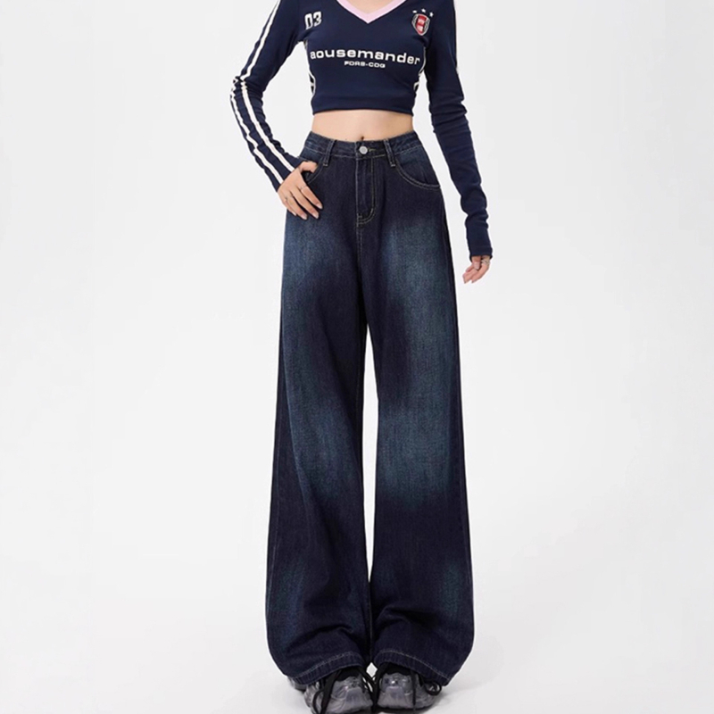 Дънкови панталони с широки крачоли и висока талия, подплатени с дебел велур, есенно-зимна колекция 2025, джобове, машинно пране, дълги до пода