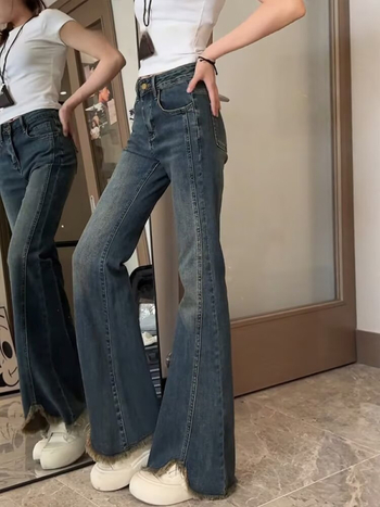 Blugi din denim cu talie înaltă, croială de tip bell-bottom, tiv despicat, patchwork, ușor elastici