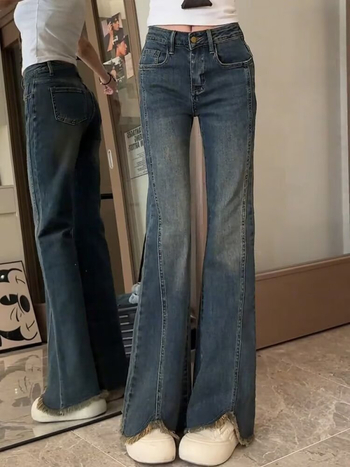 Blugi din denim cu talie înaltă, croială de tip bell-bottom, tiv despicat, patchwork, ușor elastici