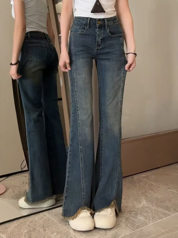 Blugi din denim cu talie înaltă, croială de tip bell-bottom, tiv despicat, patchwork, ușor elastici