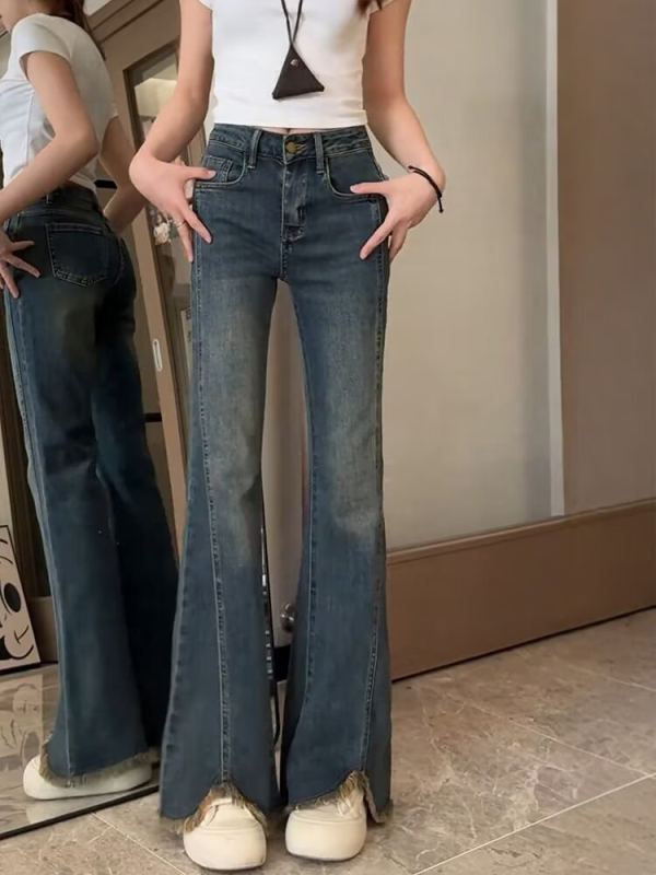 Blugi din denim cu talie înaltă, croială de tip bell-bottom, tiv despicat, patchwork, ușor elastici