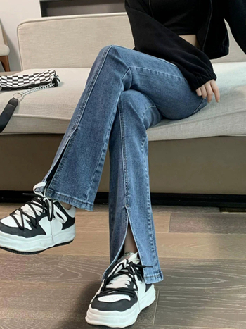 Traperice s prednjim šlicom, visokim strukom, bootcut s blagim izbočenjem, mikroelastični denim