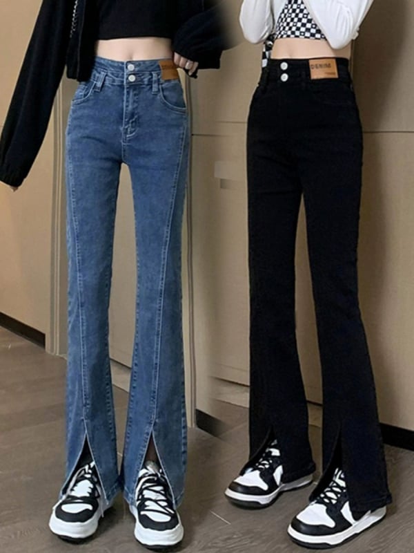 Traperice s prednjim šlicom, visokim strukom, bootcut s blagim izbočenjem, mikroelastični denim