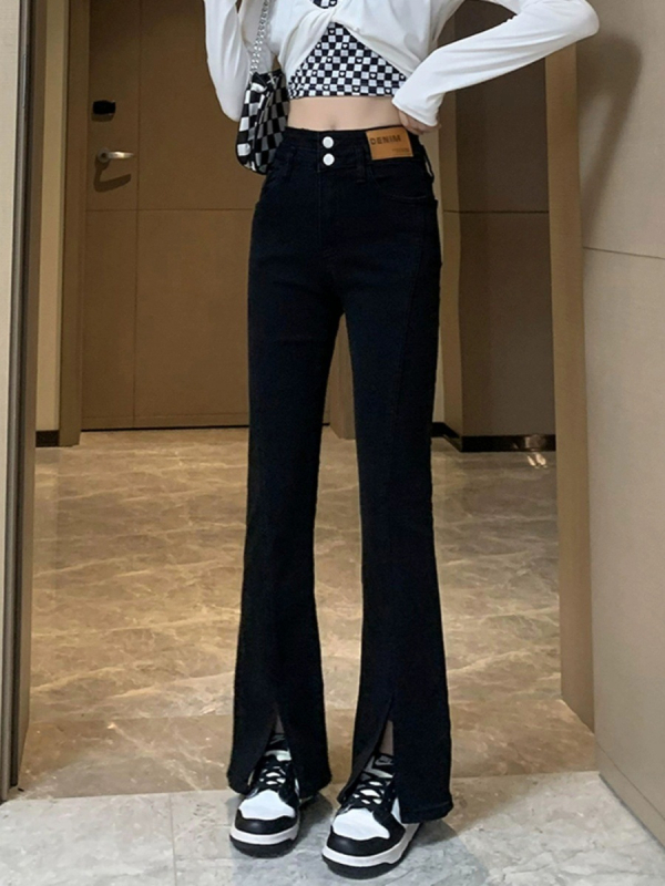 Traperice s prednjim šlicom, visokim strukom, bootcut s blagim izbočenjem, mikroelastični denim