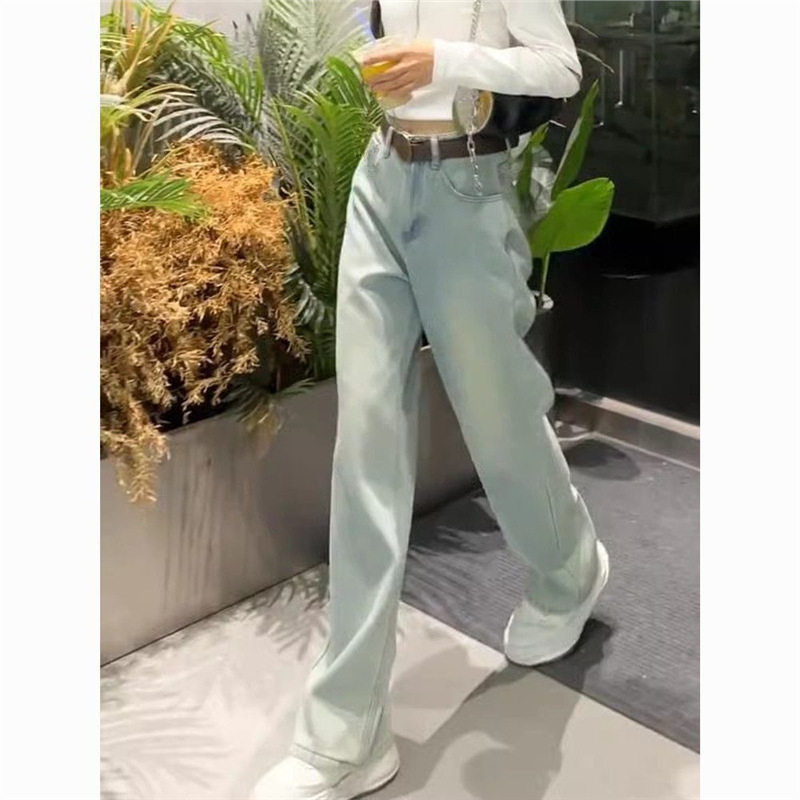 Jeans damă din denim cu croială dreaptă, căptușite cu fleece, denim din bumbac, sezonul de iarnă 2025, talie înaltă, stil japano-coreean de relaxare, fără călcare