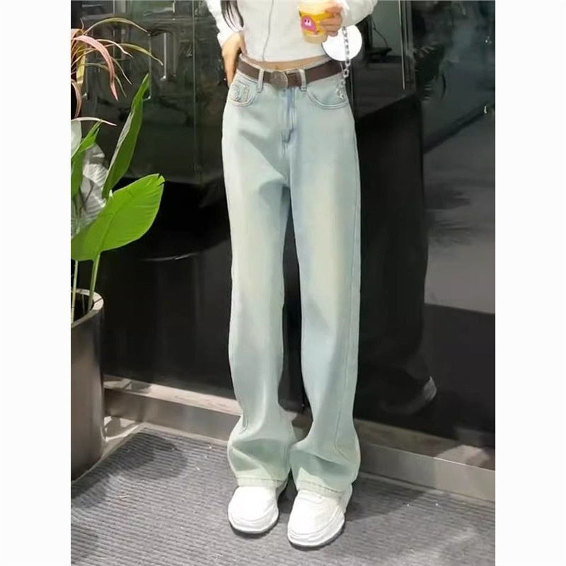 Jeans damă din denim cu croială dreaptă, căptușite cu fleece, denim din bumbac, sezonul de iarnă 2025, talie înaltă, stil japano-coreean de relaxare, fără călcare