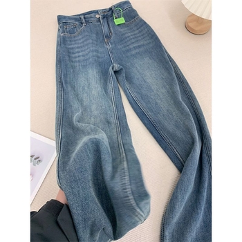 Jeansi pentru femei cu căptușeală de fleece, denim gros, croială drept, talie înaltă, bumbac 50–70%