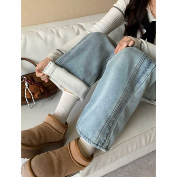 Дънкови панталони с широк крак, подплатени с флис, висока талия, памук, Зимна колекция 2025