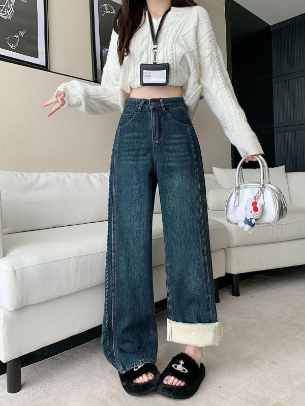 Дънкови панталони с широк крак, подплатени с флис, висока талия, памук, Зимна колекция 2025